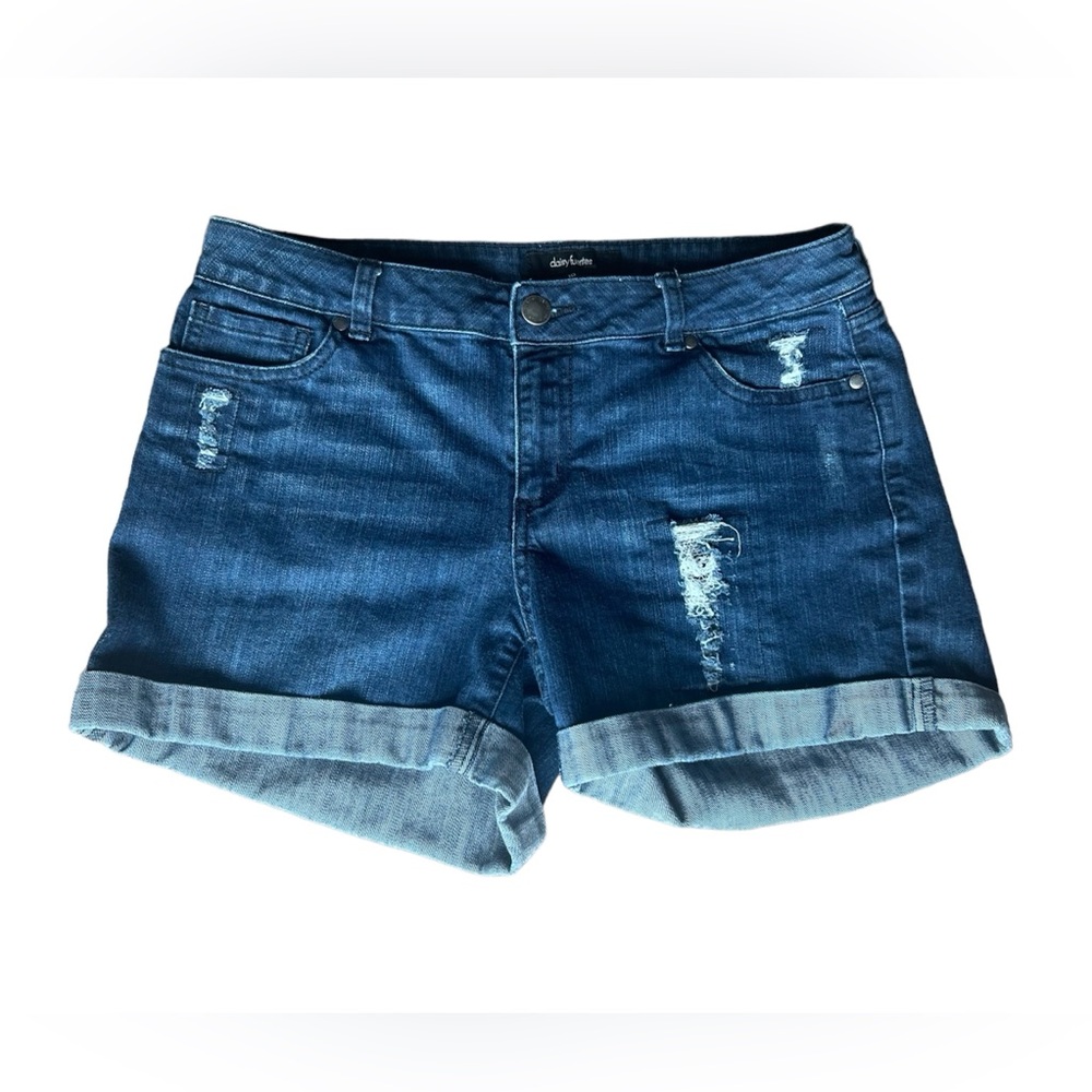 Daisy Fuentes Moda distressed denim dark wash cuffed jean shorts
